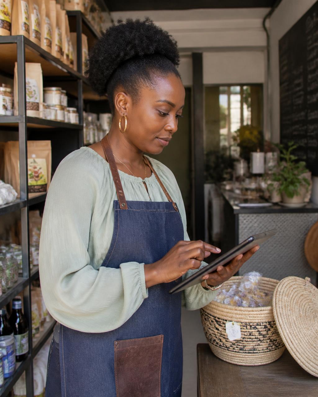 Business owner checking inventory on a tablet in her shop