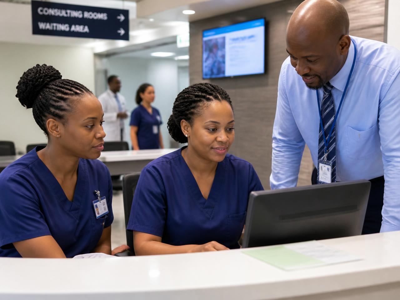 Clinic staff reviewing patient records at reception