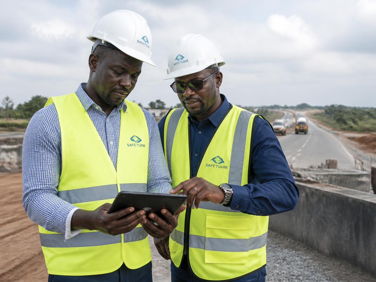 Engineers reviewing road infrastructure data on site